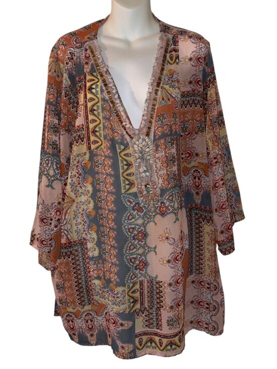 Melissa Paige Tops - Beaded Boho Patchwork Tunic Top , Vibrant Orange Yellow Gray Pattern READ